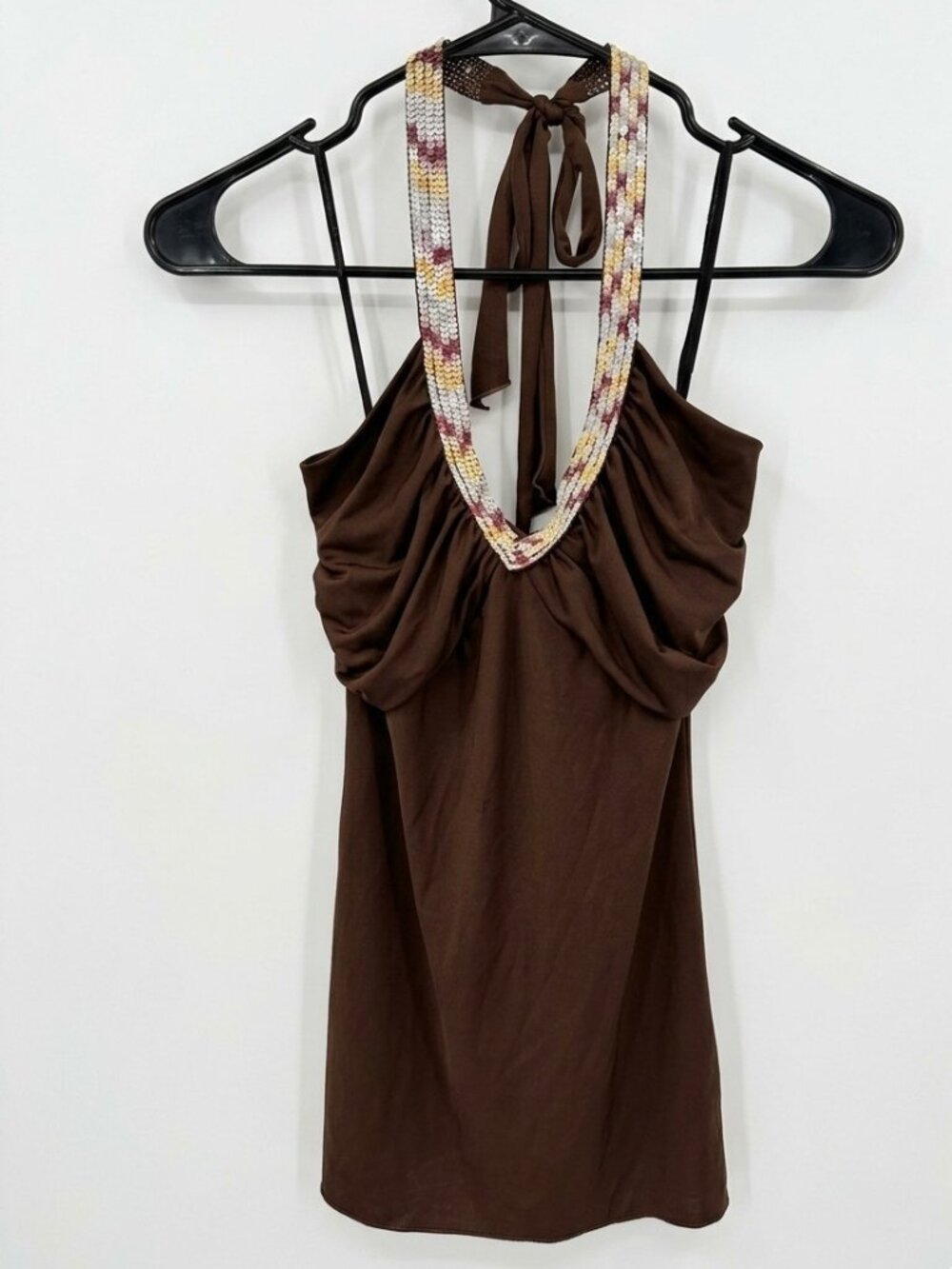 Misty Rose Brown Beaded Sequin Halter Top Gathered V-Neck Cami - Size M